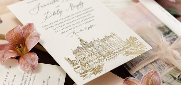 Adare Manor Wedding invitations, Ink illustration of Adare Manor Printed in Gold foil