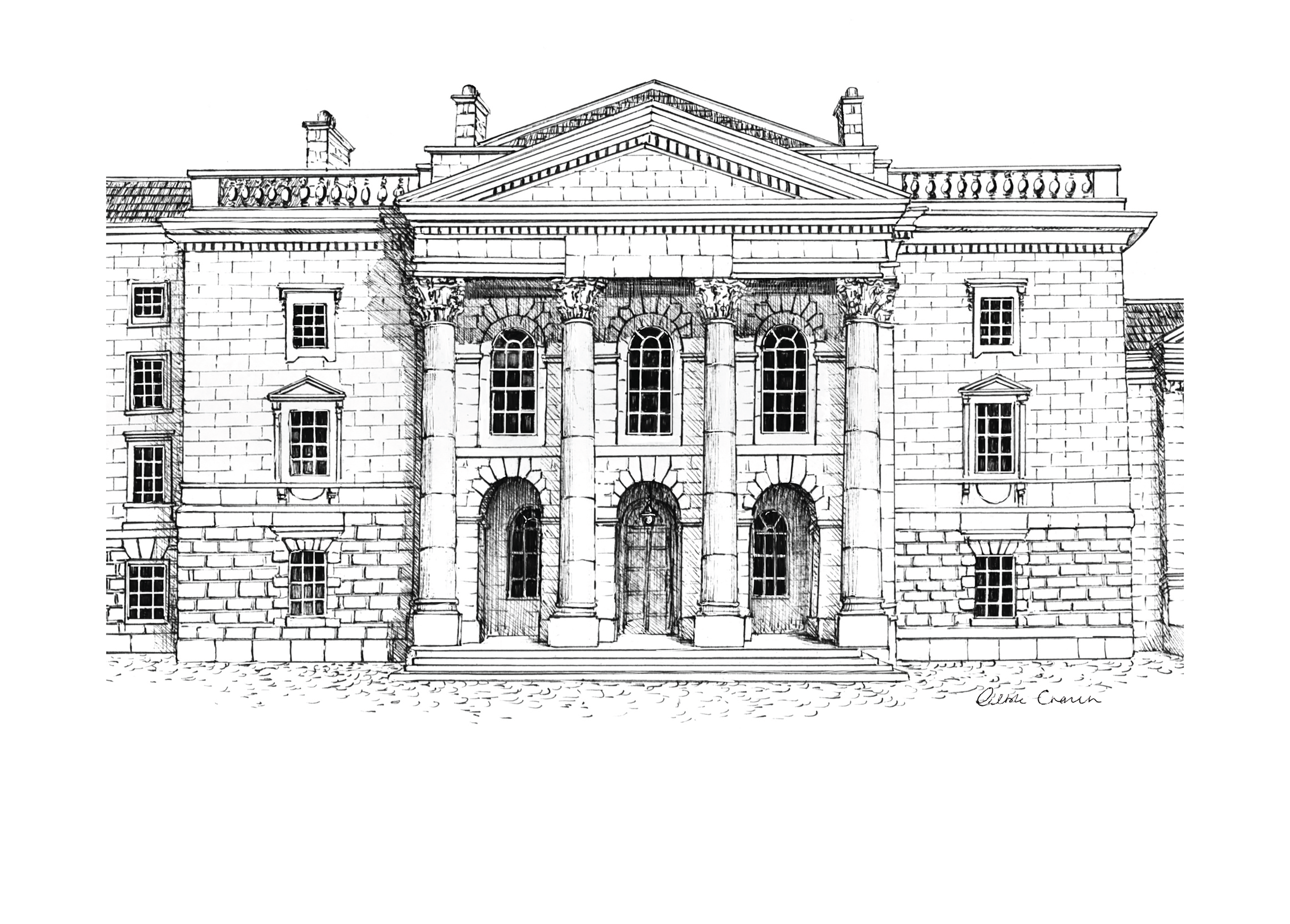 Fine art illustration of Trinity College Chapel, Dublin, rendered in delicate pen and ink by Ailbhe Cronin
