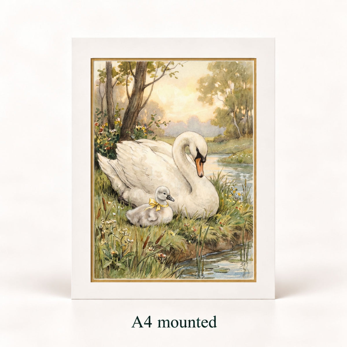A4 mounted art print featuring a white swan and its cygnet in a grassy pond scene, shown against a clean white background with 'A4 mounted' text below.