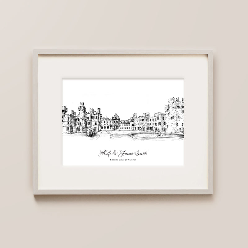 Ashford Castle, Ireland Keepsake Print Featuring Ink Drawing And With Couples Name And Wedding Date, For Paper Anniversary Gift