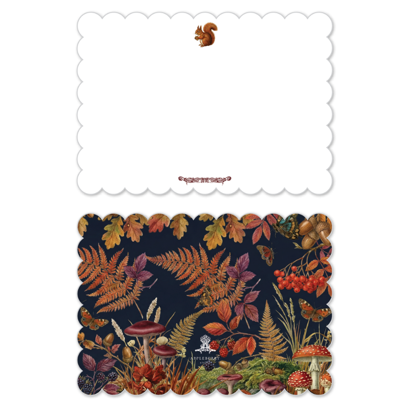 A set of scalloped-edge paper cards or envelopes shown front and back on a white background. The back is plain white with a small brown squirrel illustration near the top and the word 'envelopes' printed near the bottom.