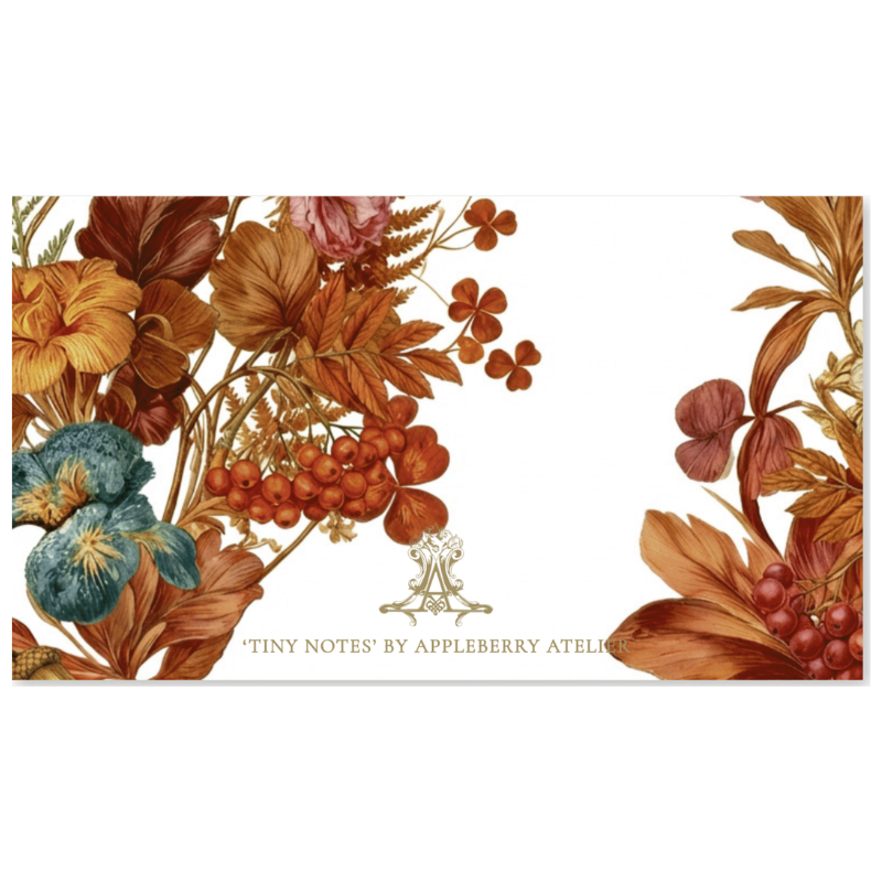 A rectangular stationery card with a white center and ornate botanical illustrations in warm earthy tones along the left and right edges. Small printed text at the bottom reads “TINY NOTES BY APPLEBERRY ATELIER.