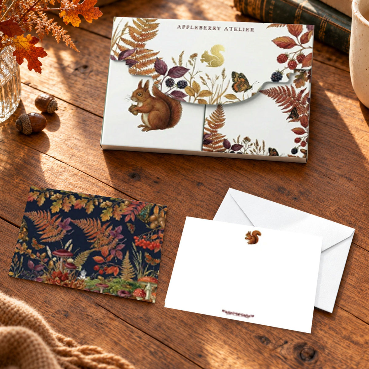 Autumn-themed stationery set from Appleberry Atelier, featuring a white box envelope decorated with a squirrel and leaf illustration, a matching notelet, and a white envelope on a rustic wooden table.