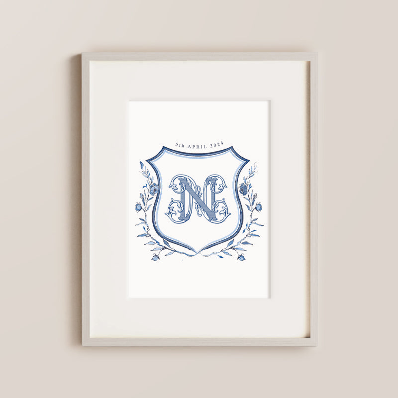 nursery wall art, Featuring a navy blue crest adorned with whimsical florals, this enchanting piece features your baby's initial in an ornate font. Customise with your baby's details for a truly one-of-a-kind and cherished keepsake.