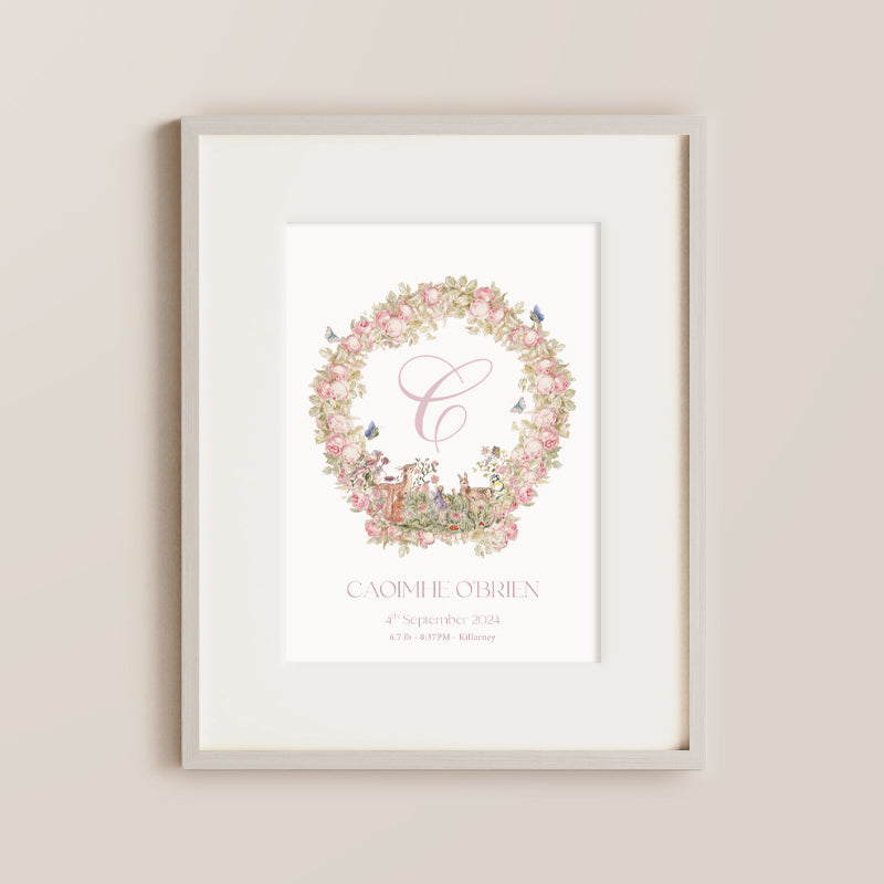 Nursery baby print, with pink floral wreath and woodland theme
