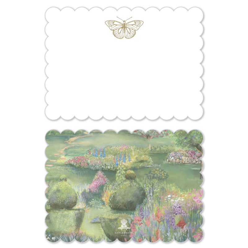 A scalloped-edged art print or card shown front and back on a white background. The back is plain white with a small gold butterfly near the top.