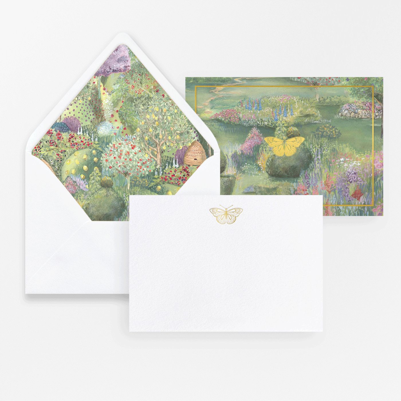 Luxury butterfly garden notelet set with illustrated Irish wildflower envelope liner, gold foil butterfly motif on textured card, and matching botanical garden design. Handmade stationery by Appleberry Atelier.