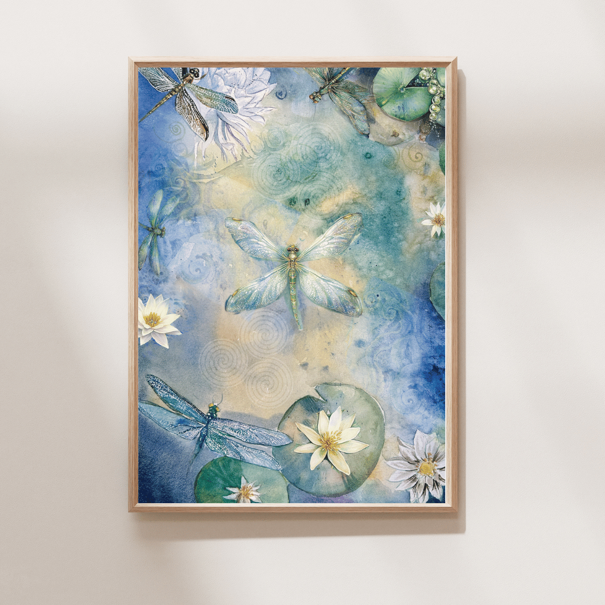 Dance of the Dragonflies Art Print featuring dragonflies above water lilies and lily pads