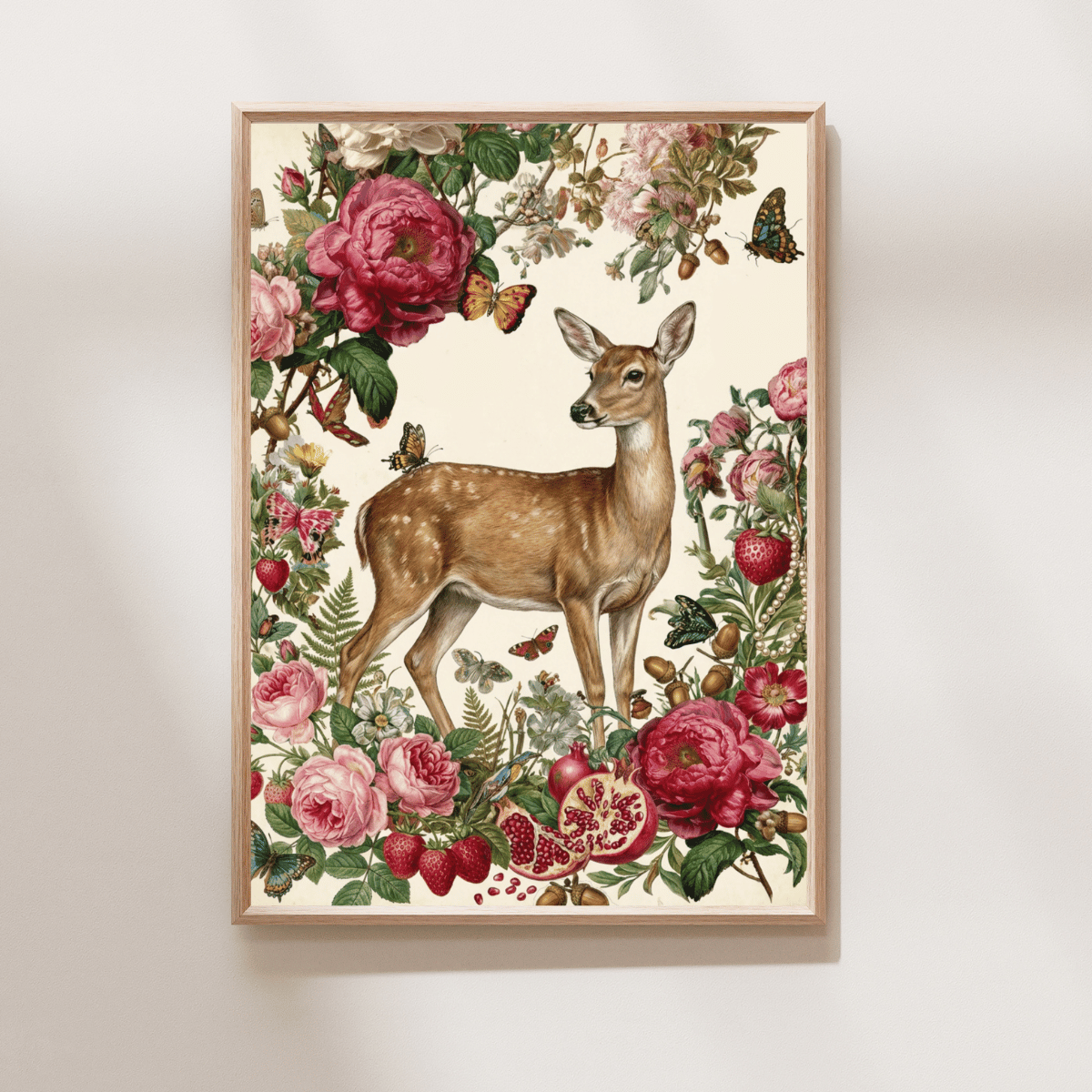 Eilid Álainn Art Print featuring a graceful doe surrounded by roses, fruit, foliage and butterflies