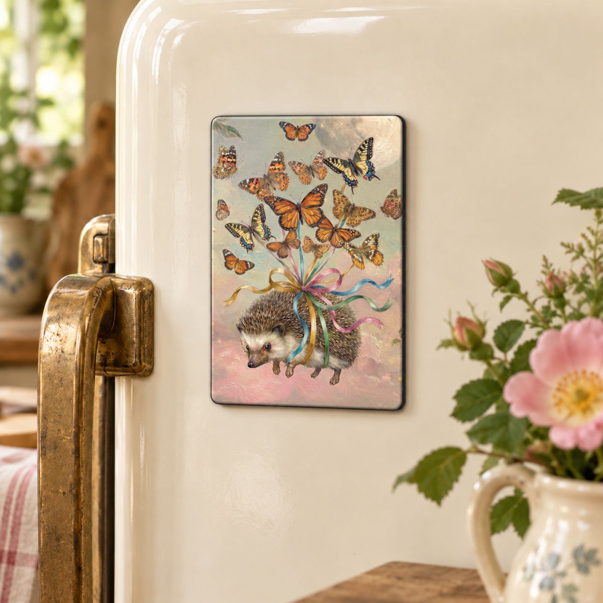 A rectangular refrigerator magnet featuring a hedgehog with colorful ribbons and orange butterflies, shown attached to a white retro-style refrigerator in a kitchen setting with flowers in the foreground.