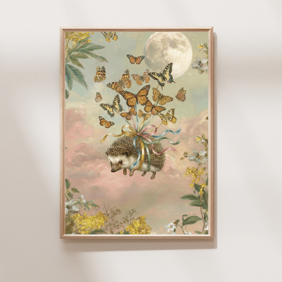 Flight of the Forest Friend Art Print featuring a hedgehog carried by butterflies beneath the moon