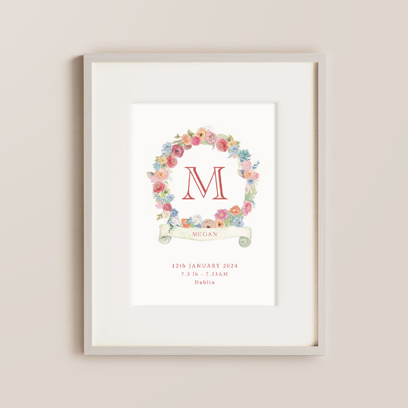 Personalised Keepsake Nursery Print, with summer floral wreath and baby details