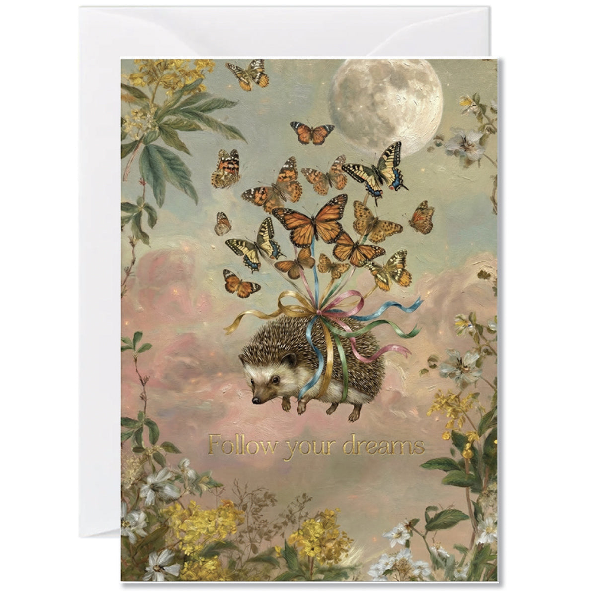 Illustrated hedgehog greeting card floating with butterflies beneath a full moon with the words Follow Your Dreams
