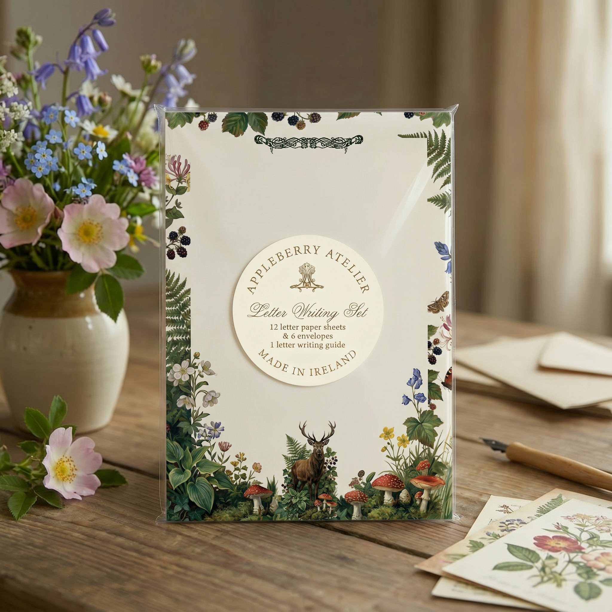 Luxury Forest Stag letter writing set featuring woodland botanical artwork, stag illustration, mushrooms, premium stationery paper, and cottagecore Irish design.
