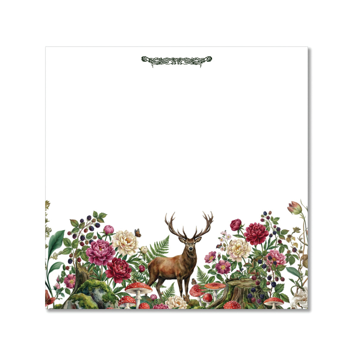 Forest Stag Super Notepad featuring woodland botanical artwork, floral details, mushrooms, and elegant Irish stationery design.