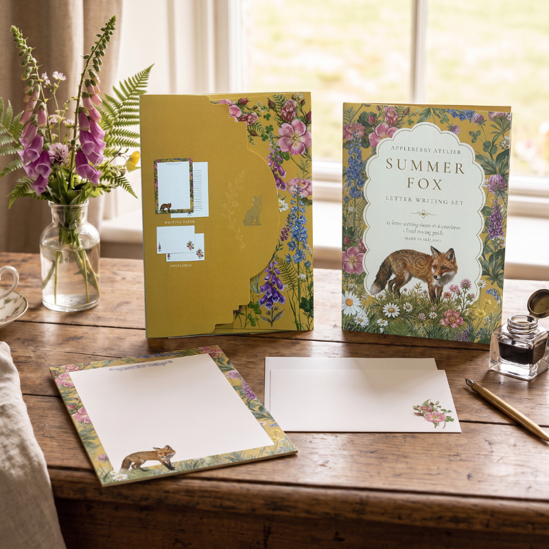 A letter writing kit displayed on a rustic wooden table with a window in the background. The set includes a yellow envelope with floral corner details, a book titled 'The Adventure of the Summer Fox', matching floral-bordered stationery sheets, white letter paper, an ink bottle, a pen, and a vase of flowers.