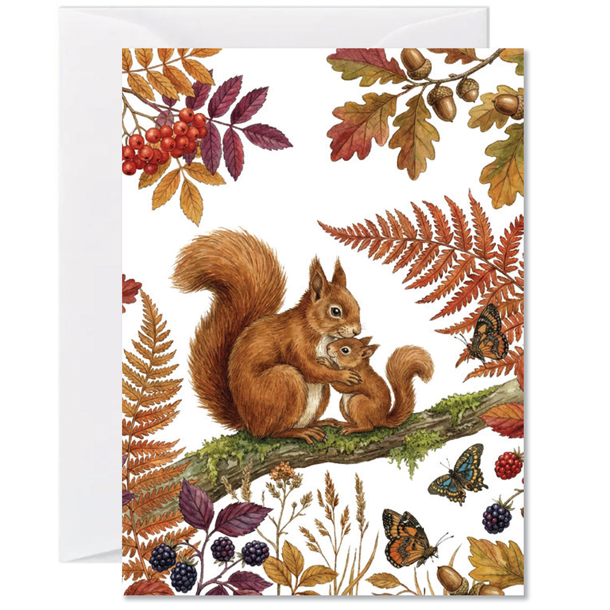 Illustrated woodland greeting card featuring a squirrel family surrounded by autumn leaves, berries, butterflies, and forest foliage