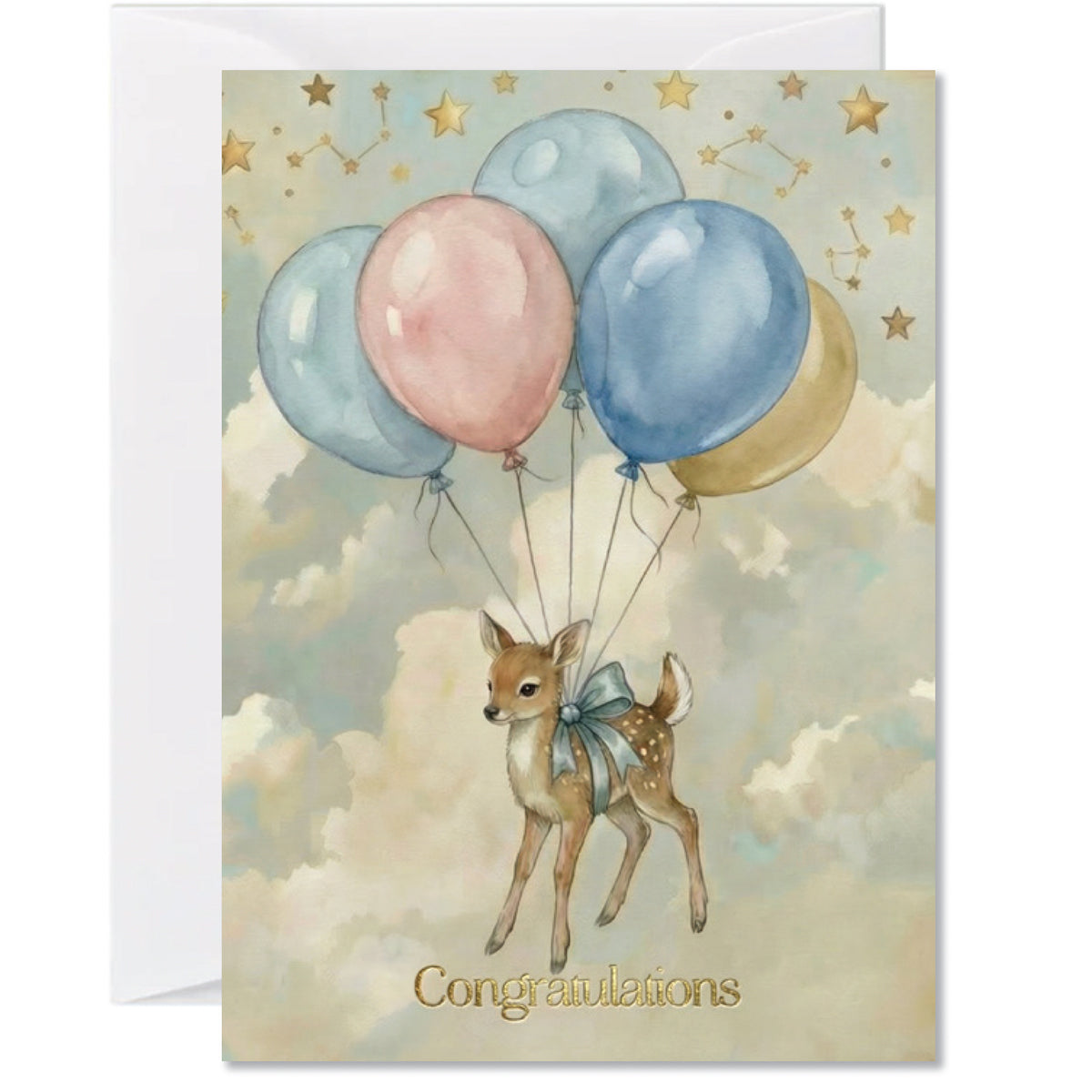 Illustrated new baby greeting card featuring a woodland fawn floating with pastel balloons against a dreamy cloud-filled sky