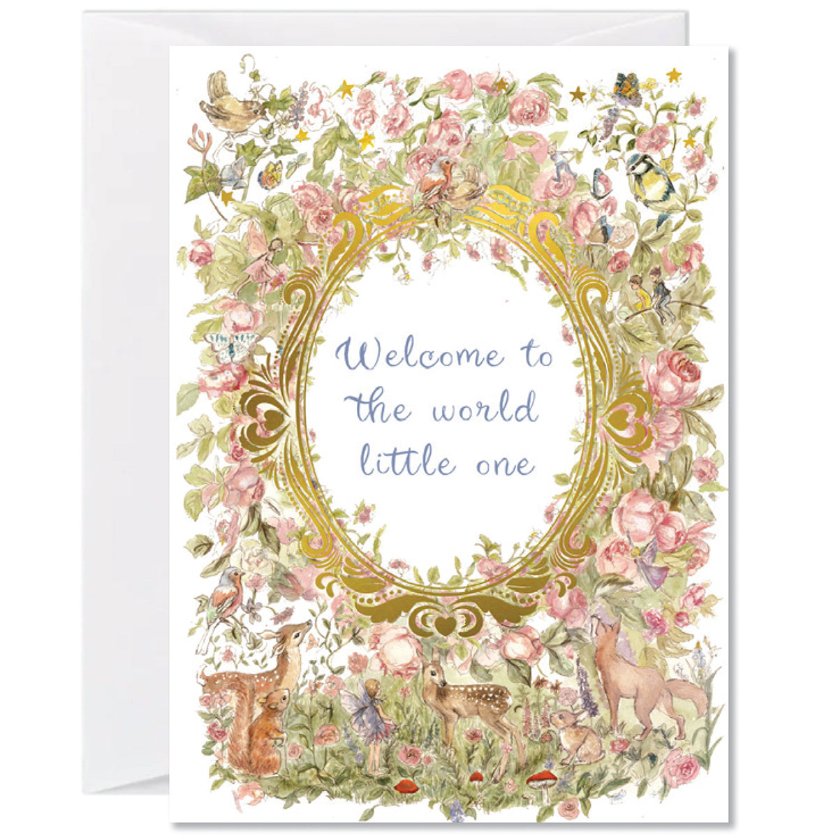Illustrated woodland new baby greeting card with florals, forest animals, birds, and ornate gold detailing surrounding a welcome message