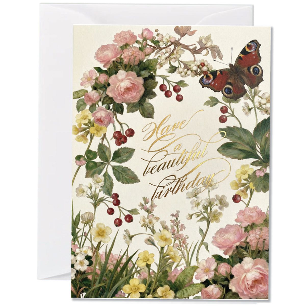 Elegant floral birthday greeting card with pink roses, butterflies, and gold script text saying Have a beautiful birthday