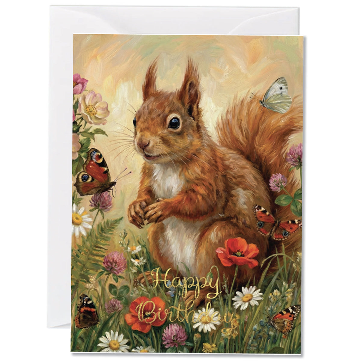 Greeting card with a squirrel and butterflies among flowers, featuring 'Happy Birthday' text.
