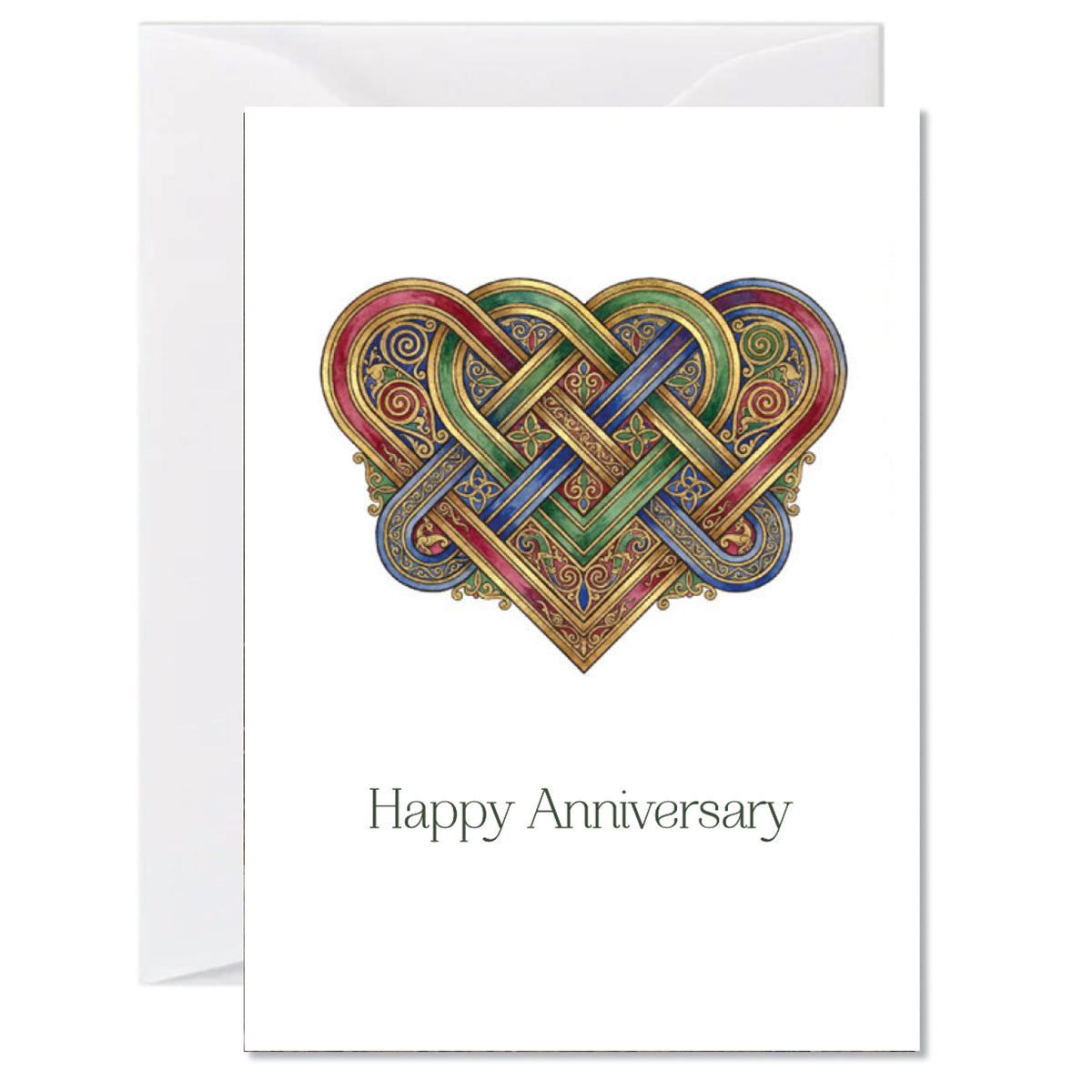Anniversary greeting card featuring an intricate colourful Celtic knot heart design on a minimalist background