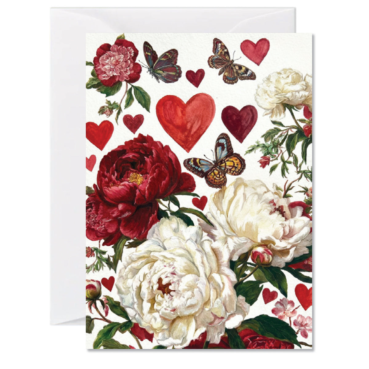 Illustrated floral greeting card with red and ivory peonies, butterflies, and painted hearts