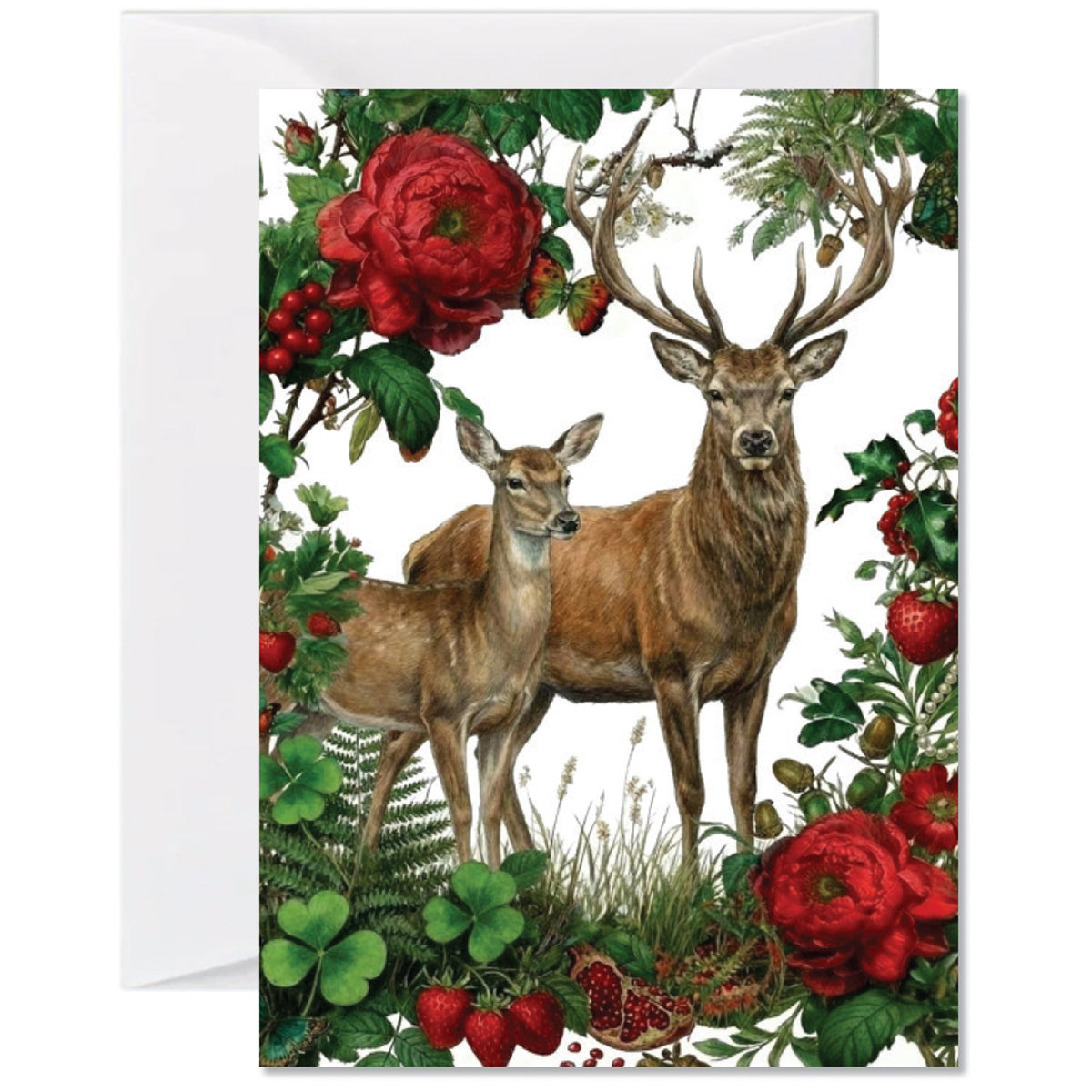 Illustrated woodland greeting card featuring a stag and doe surrounded by flowers, clover, and wild strawberries
