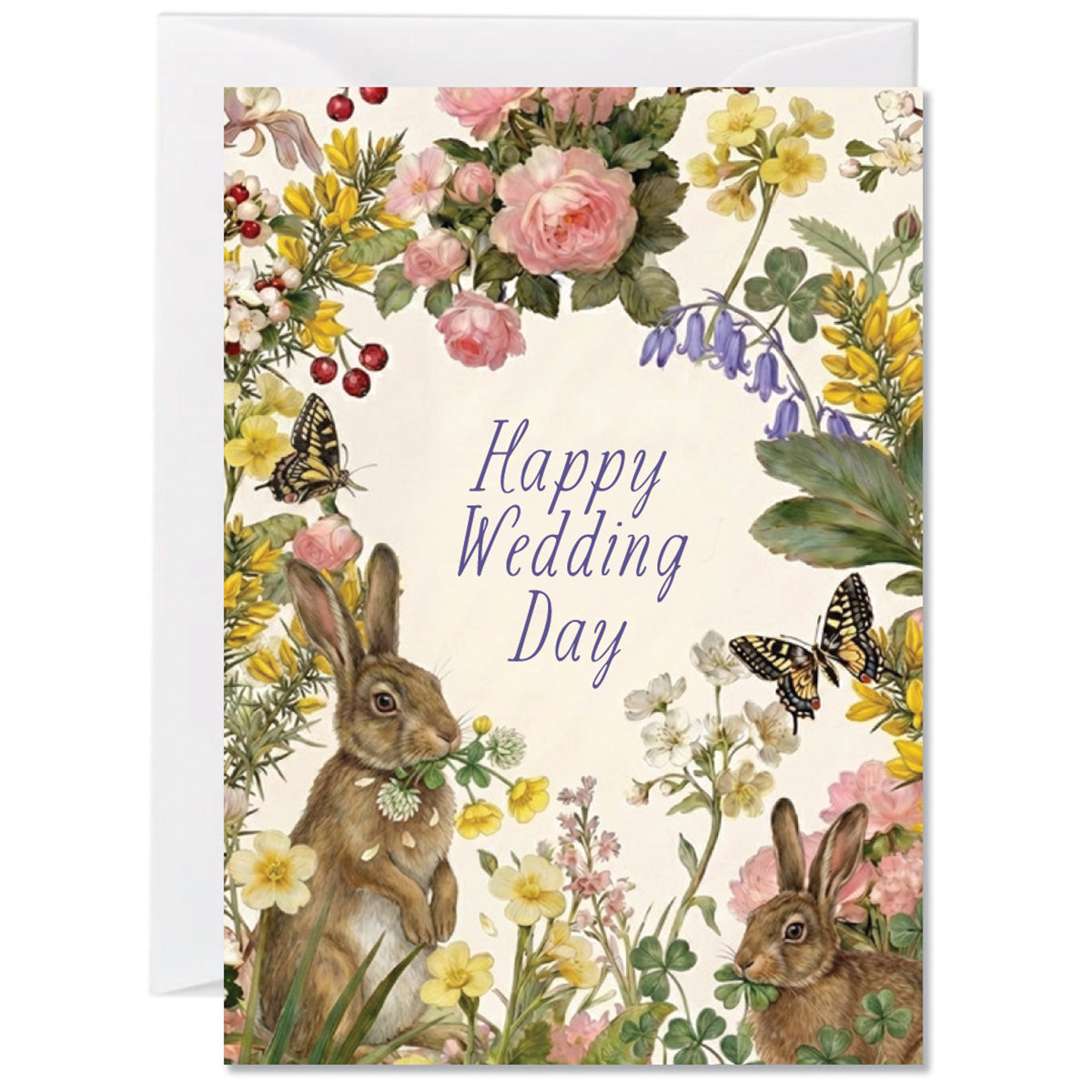 Wedding greeting card featuring woodland rabbits surrounded by flowers and butterflies with Happy Wedding Day text
