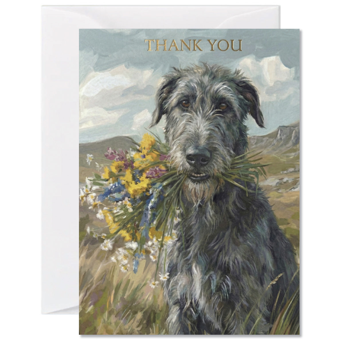 Thank you greeting card featuring an Irish Wolfhound holding wildflowers in a countryside setting