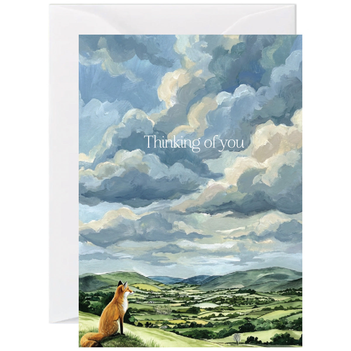 Thinking of you greeting card featuring a fox overlooking a countryside landscape beneath dramatic clouds