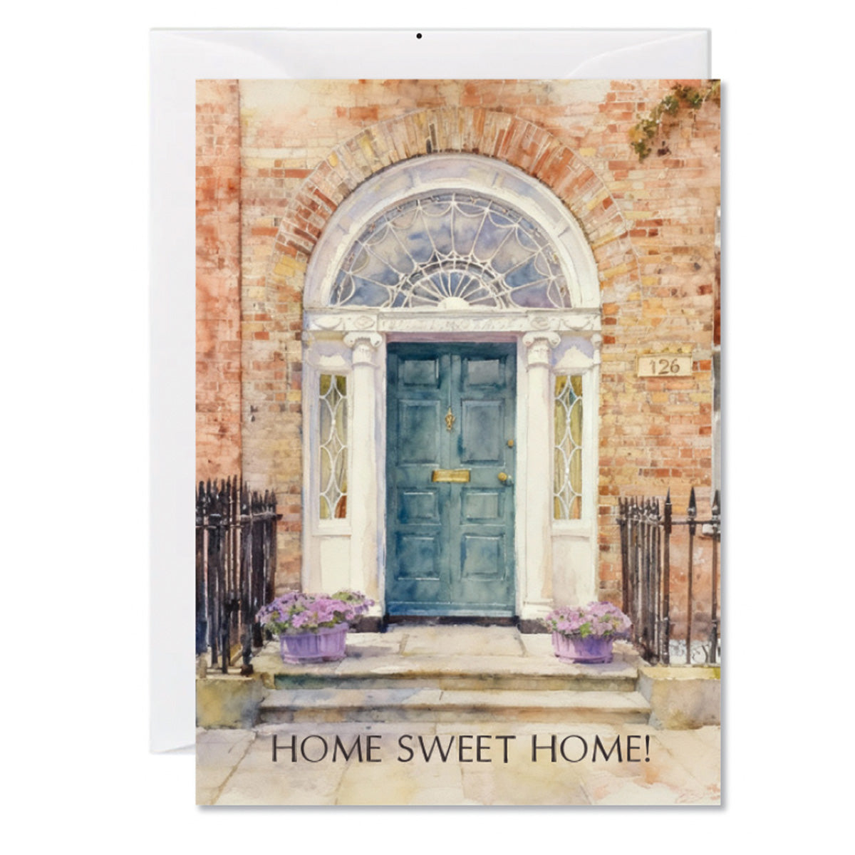 Elegant watercolor new home greeting card featuring a blue front door and Home Sweet Home text