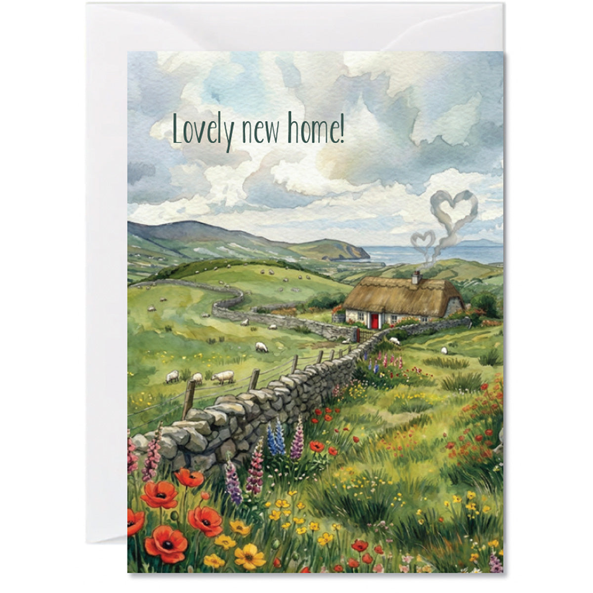 Watercolor countryside new home greeting card featuring a cottage landscape and Lovely new home text