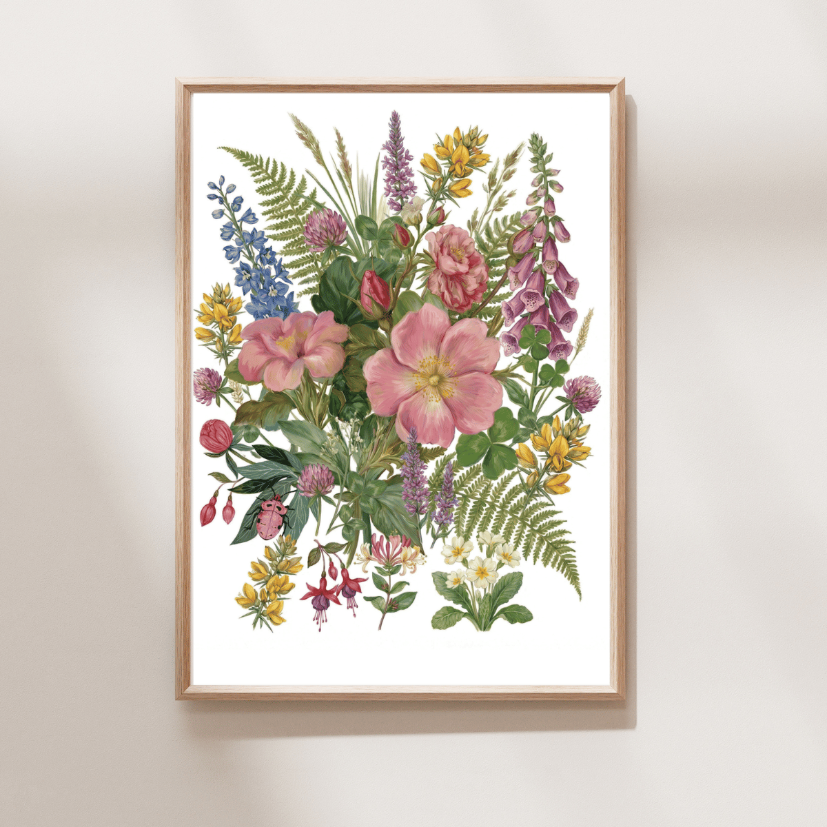 Gairdín Fiáin Art Print featuring colourful Irish wildflowers, ferns, clover and foxgloves