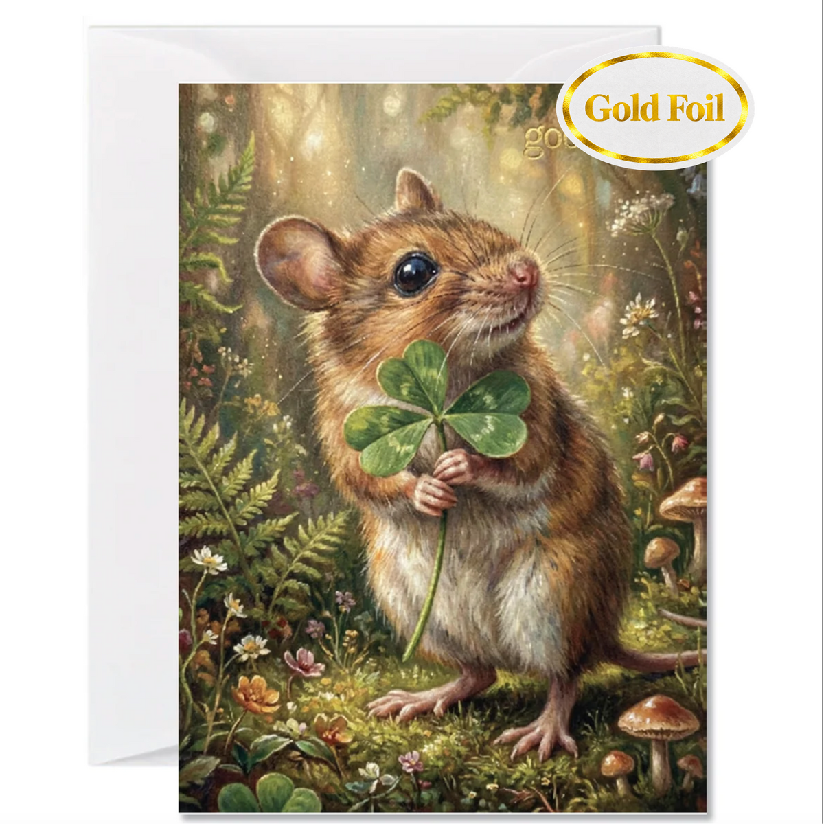 A greeting card featuring an illustration of a brown mouse holding a green four-leaf clover in a woodland setting, Good luck is featured in the top right corner in gold foil. Shown with a white envelope behind it and a gold foil 'Gold' badge in the top right corner.