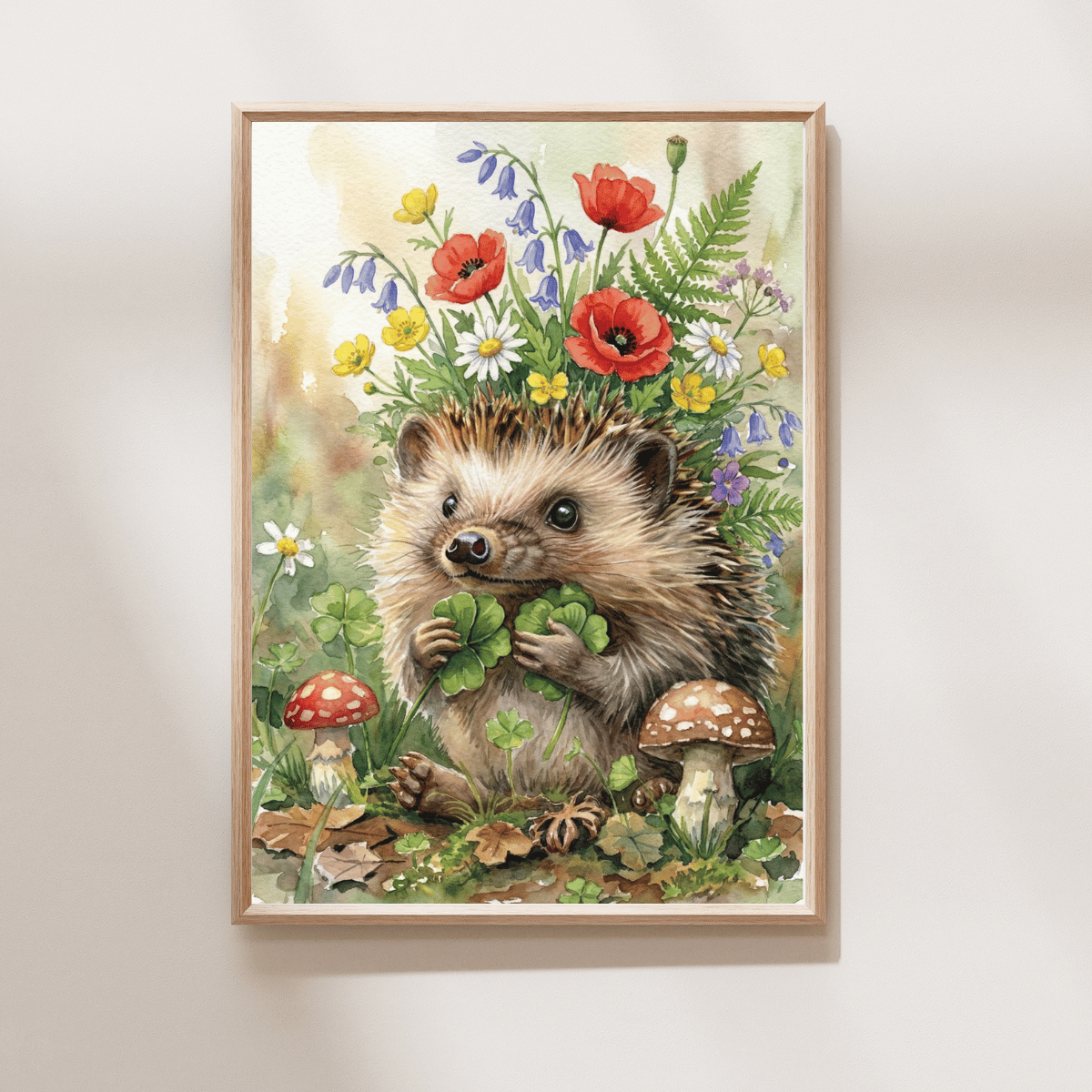 Gráinneog na mBláthanna Fiáine Art Print featuring a hedgehog surrounded by wildflowers and woodland mushrooms