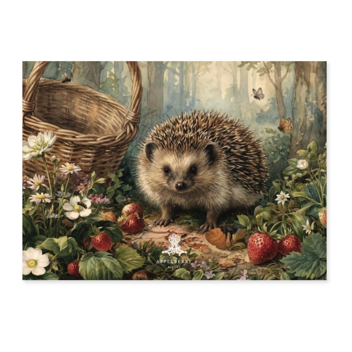 A notelet featuring a vintage-style illustration of a hedgehog in a woodland scene with a wicker basket, flowers, strawberries, and butterflies. The print is centered on a light gray background.