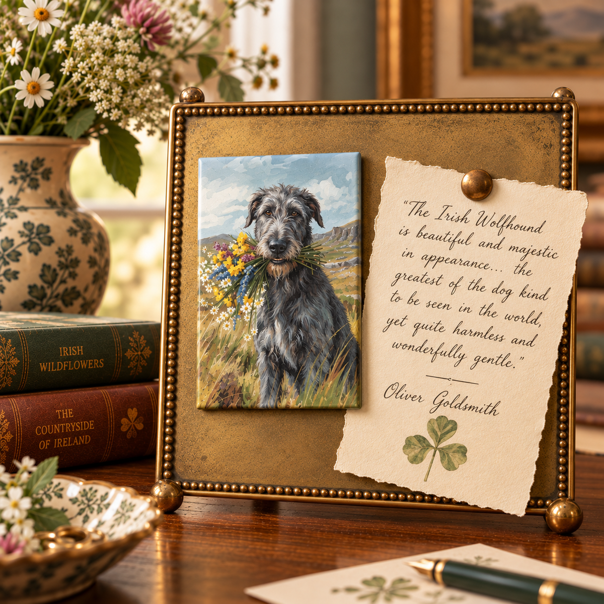 Irish Wolfhound magnet featuring a grey dog carrying wildflowers, displayed on a brass board beside a handwritten quotation about the breed.