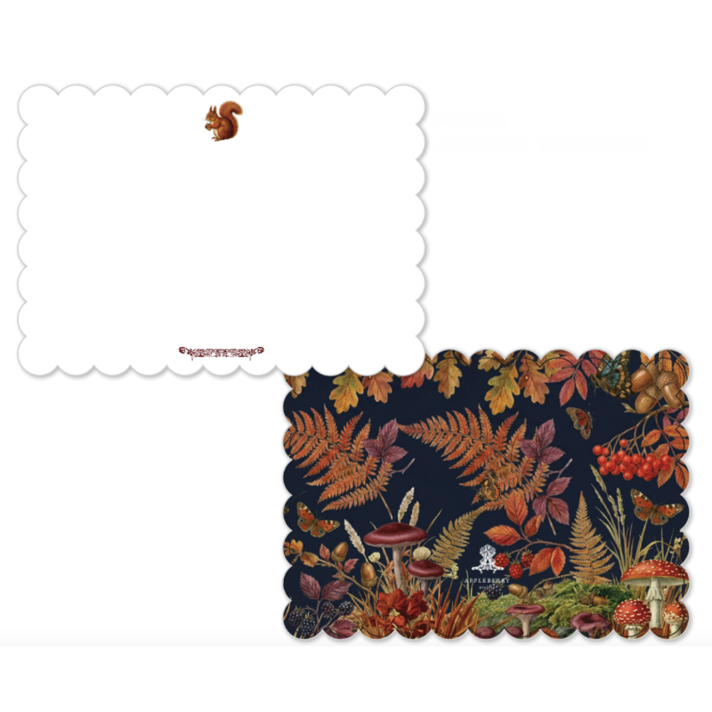 Autumn Squirrel scalloped notelets showing the illustrated autumn woodland side and blank squirrel writing side