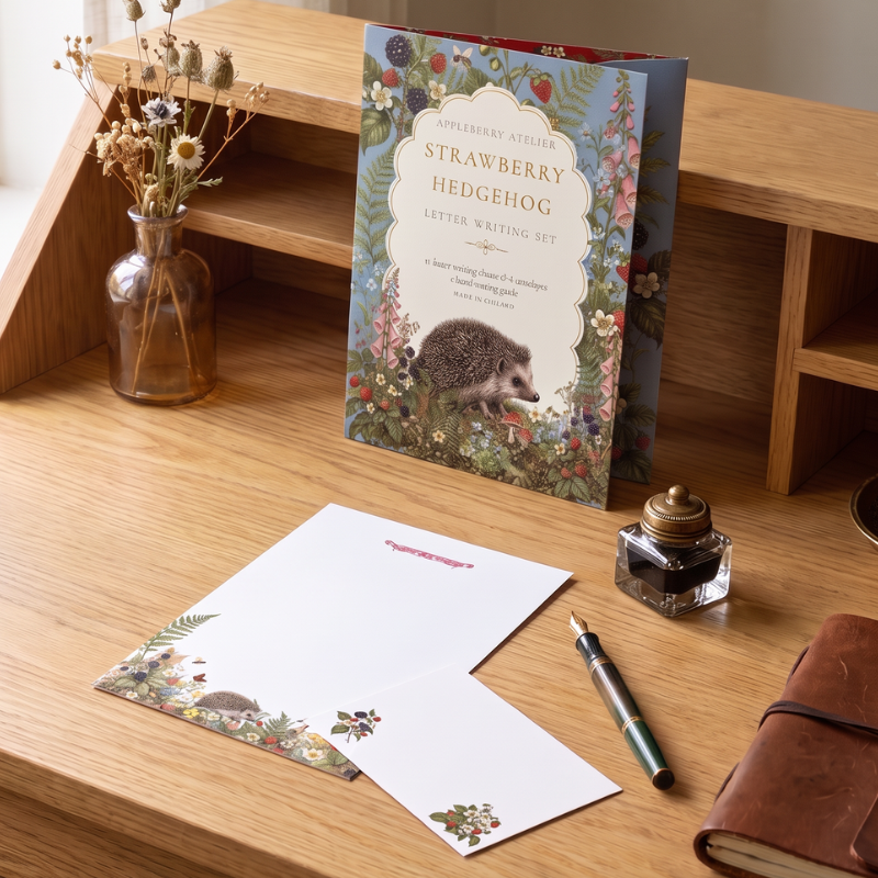 A strawberry hedgehog letter writing set displayed on a wooden desk, featuring a decorative book-style envelope, a white letter with floral and hedgehog illustrations, a pen, an ink bottle, and a brown leather journal.