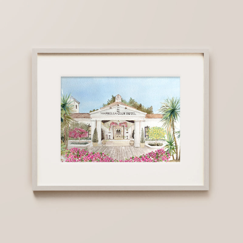 Marbella Club Hotel, Spain Watercolour Painting, Wedding, Anniversary, Birthday Gift With Name Of Couple And Wedding Date Or Keepsake