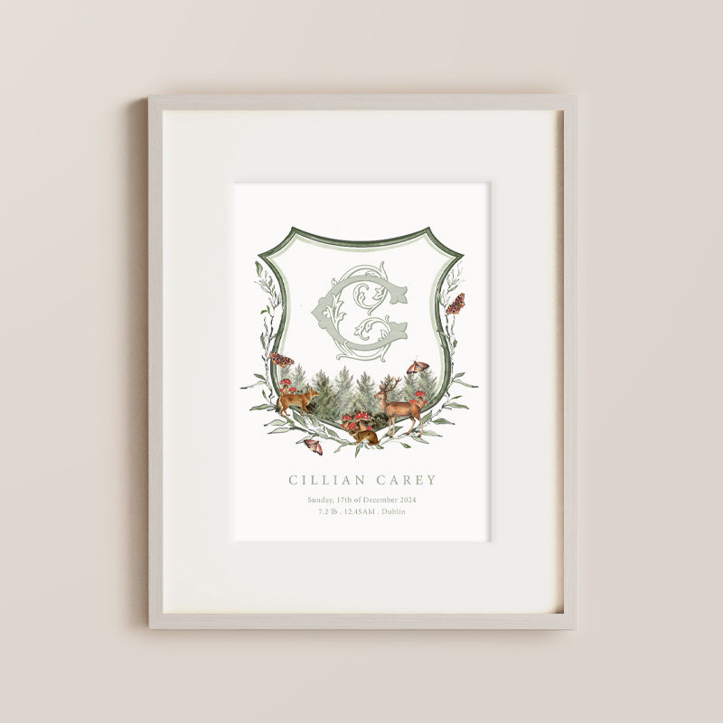 Nursery Print Featuring Woodland Animals, And Baby Details
