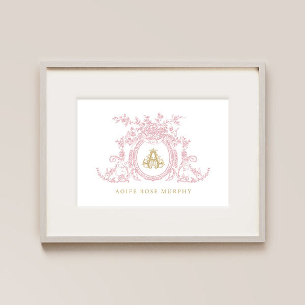 personalized nursery wall art. A serene Pink crest, embellished with a intricate floral surrounds an ornate scroll and delicate baby animals. The central feature, a baby's initial in an exquisite font, adds a personalised touch, making it a unique and enchanting addition to your nursery decor.