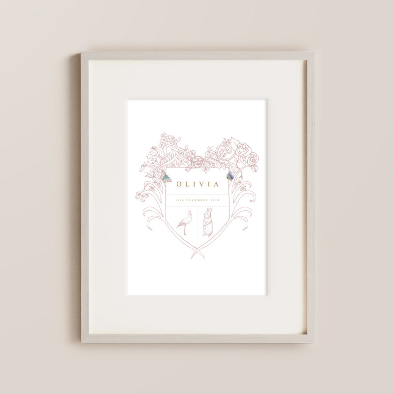 custom wall art. The soft pink crest, surrounded by cute florals, animals, and butterflies, all centered around your baby's name, adds a touch of charm. It's a unique way to make your nursery beautiful and stylish.