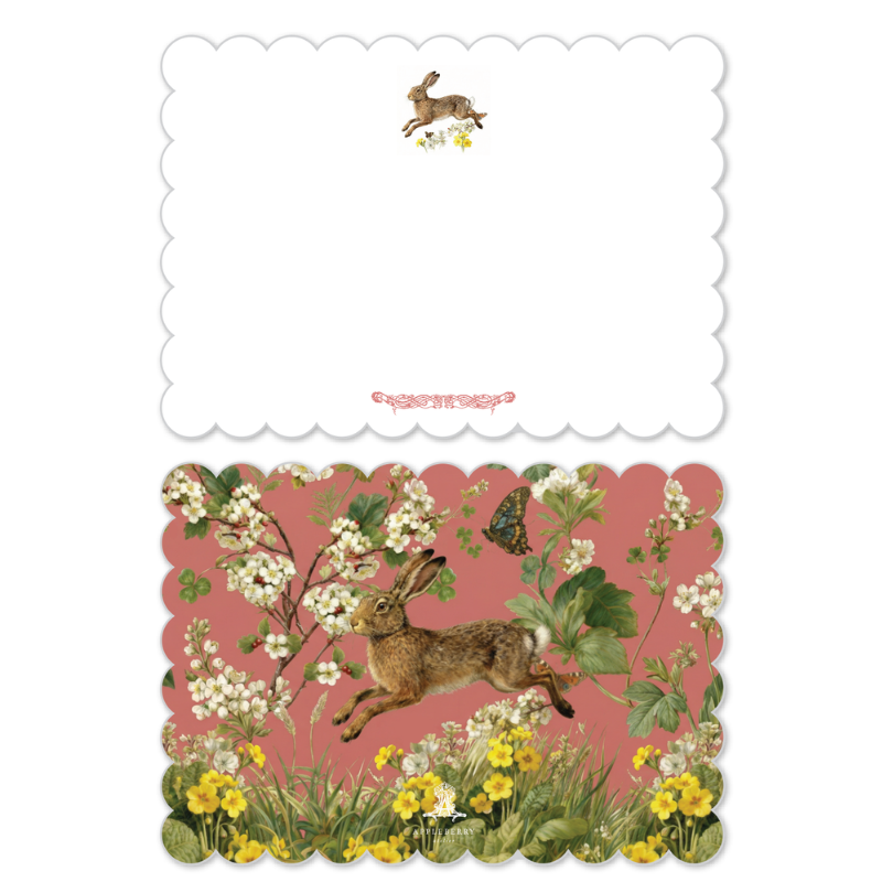 Spring Hare scalloped notelet front and reverse displayed vertically with scalloped edges
