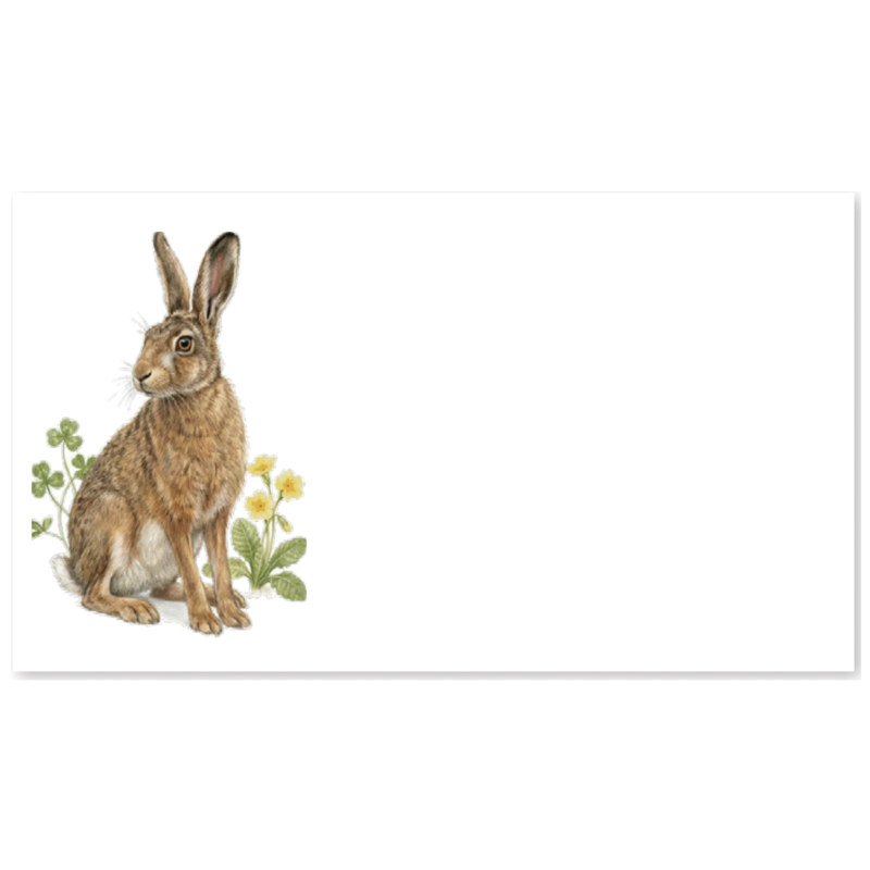 A rectangular white card or print featuring a detailed illustration of a brown hare sitting on the left side, with small green and yellow plants around it, on a plain white background.