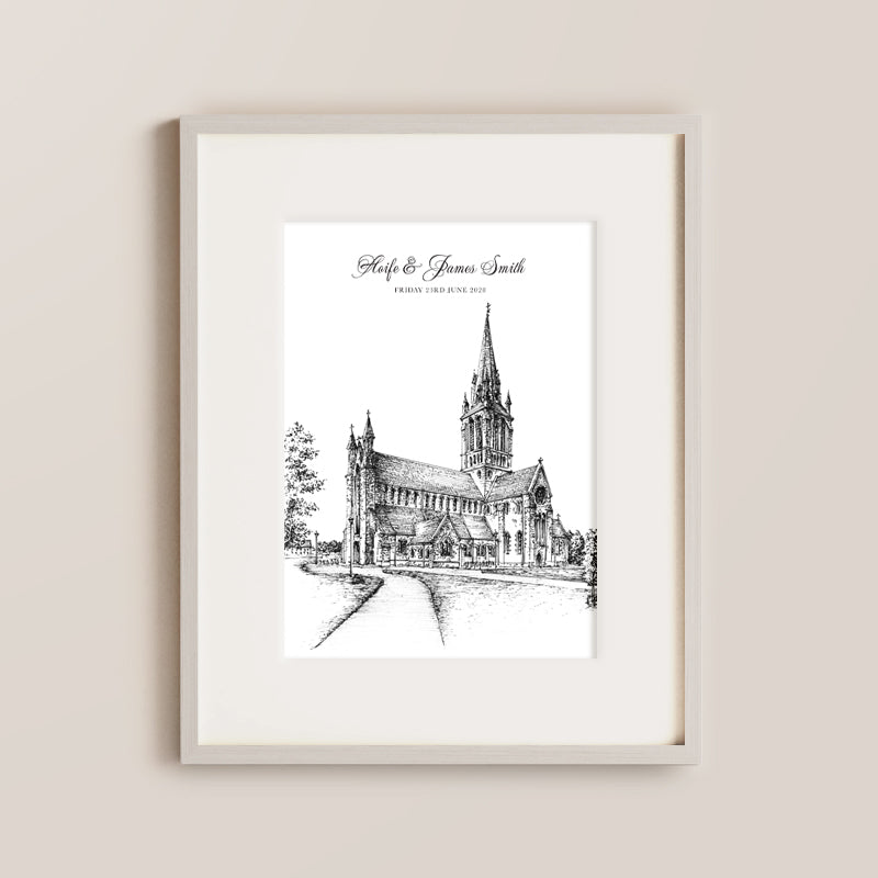 St Mary's Cathedral, Ireland, Wedding Ceremony, Ink Drawing, Black & White, With Couples Name, Perfect Gift (1)