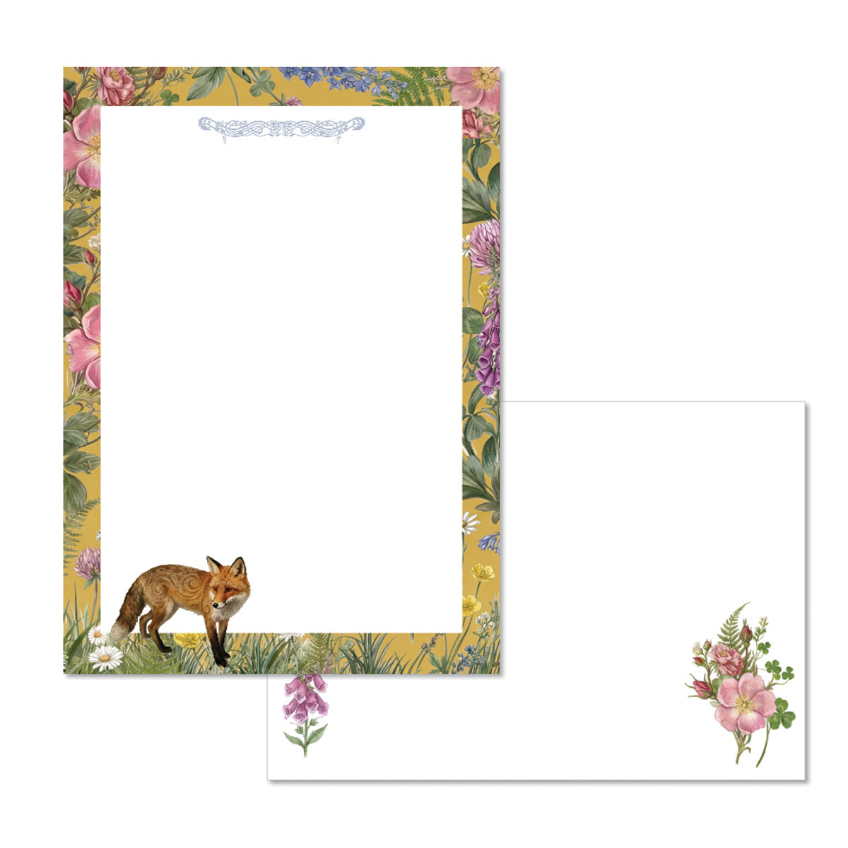 Letterhead with a fox design and floral border on a white background