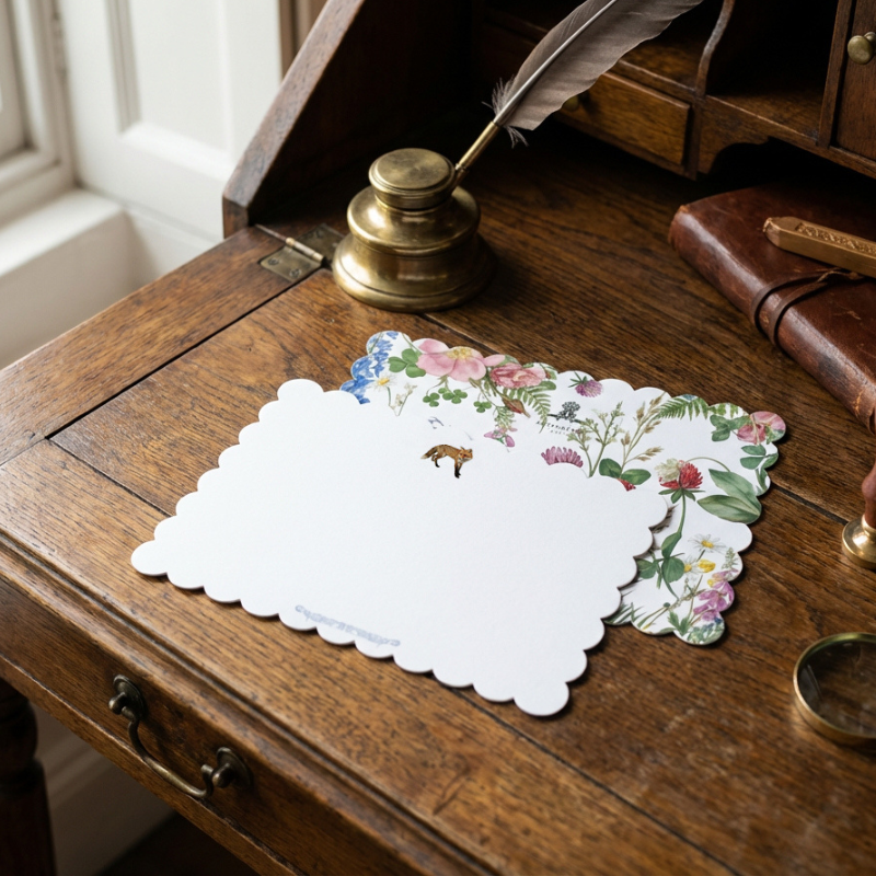 A set of decorative paper notepads with scalloped edges, one plain white and one floral, styled on a vintage wooden desk next to a brass inkwell and quill.