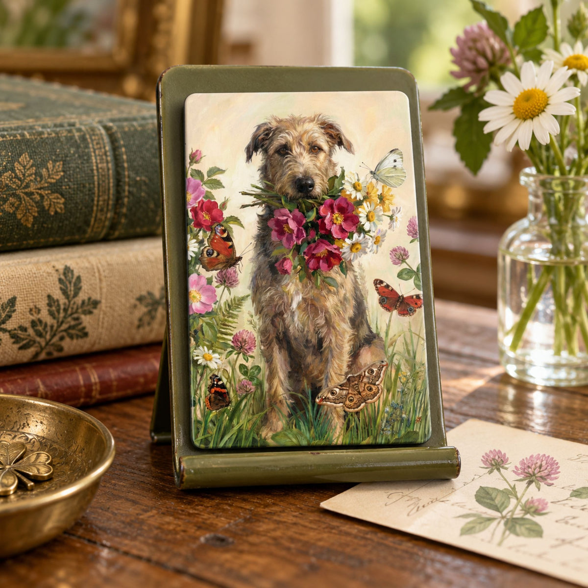 A square decorative Magnet on a metal tin stand with a green frame, featuring an illustration of a wire-haired dog holding a bouquet of pink and yellow flowers with butterflies, displayed on a wooden table in a styled home setting.